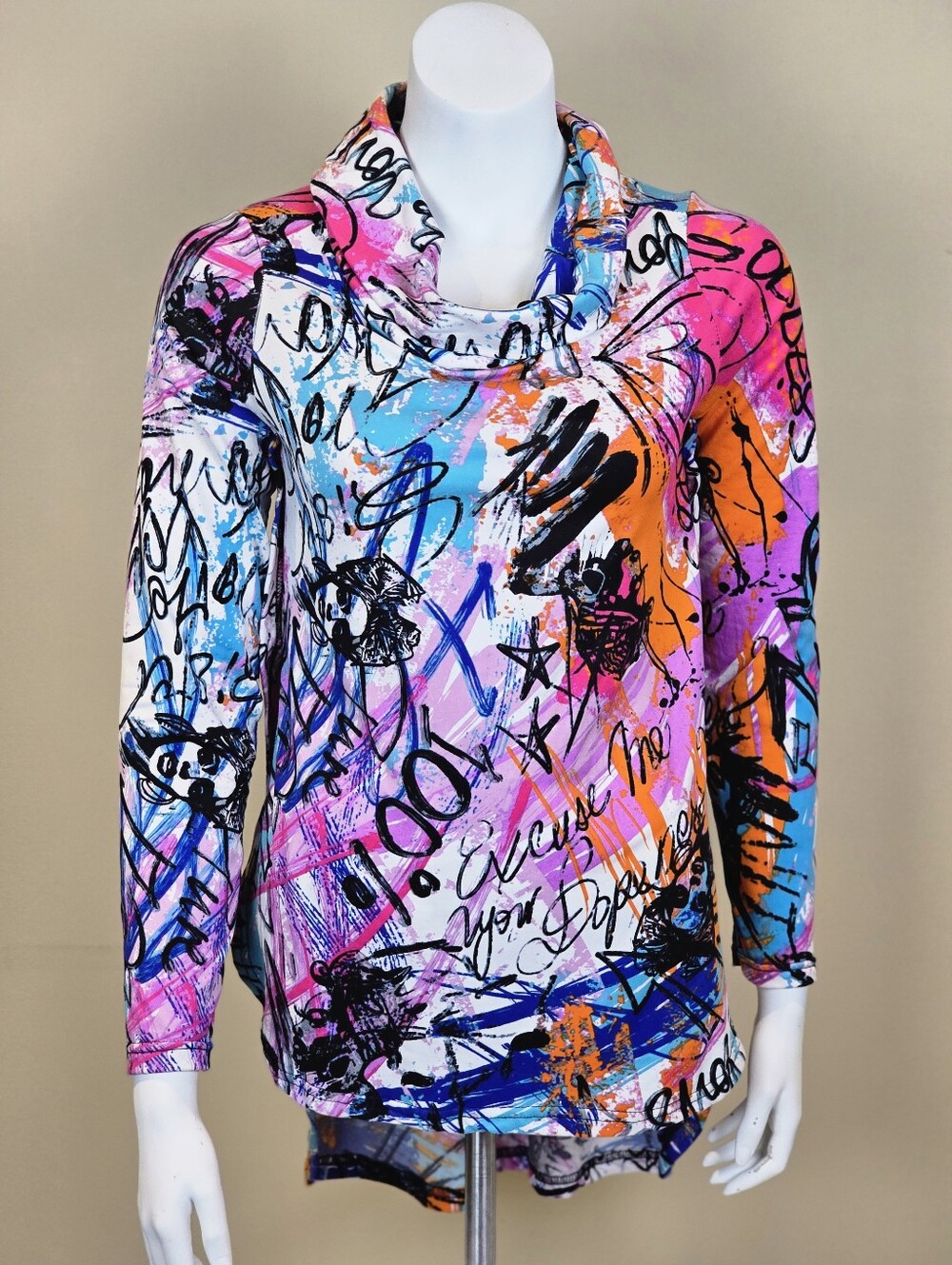 LOVE Y2K Graffiti Print Cowl Neck Top Neon Streetwear Graphic L/S Made In Egypt